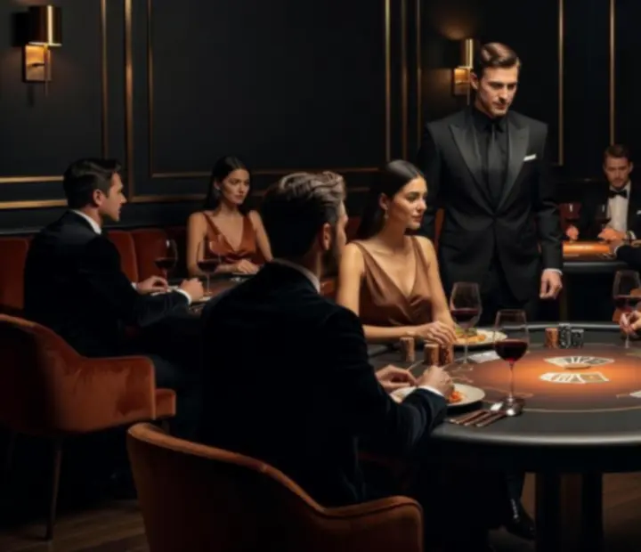 After dark poker lounge with smoked glass, dark timber, copper lighting and guests gathered around poker tables.