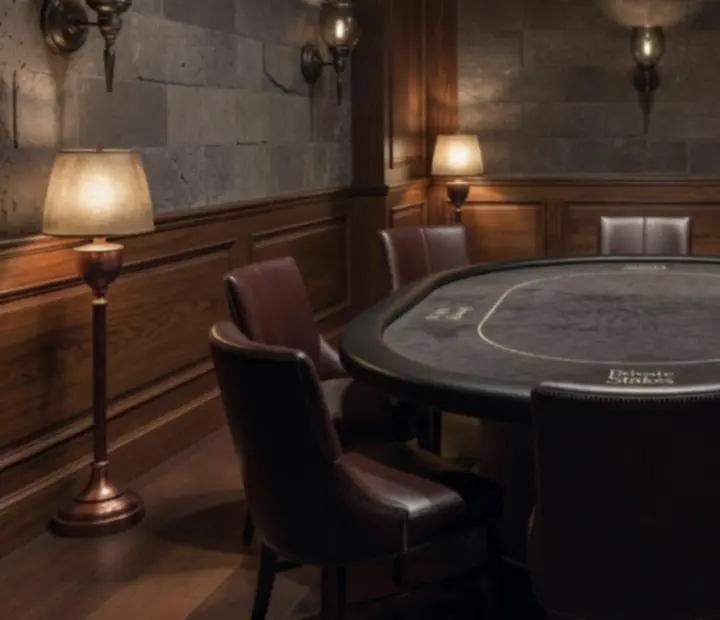 Card room interior with poker tables, playing cards, chips, and dark lounge seating.