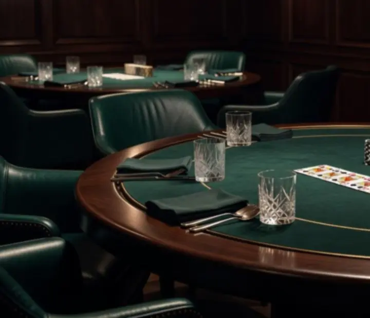 Detail of a dark card table with cards, chips, and deep lounge seating in an Australian poker room
