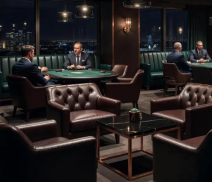 Dimly lit Australian restaurant interior with poker tables, classic cards and copper-lit lounge seating