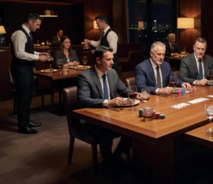 Corporate group enjoying a poker lounge evening around a large card table in a dark, sophisticated setting