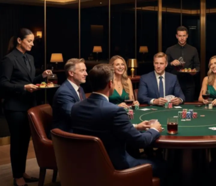 Corporate group seated around poker tables in a dark timber Australian lounge