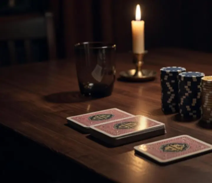 Copper-lit poker table with cards and chips set for a private event