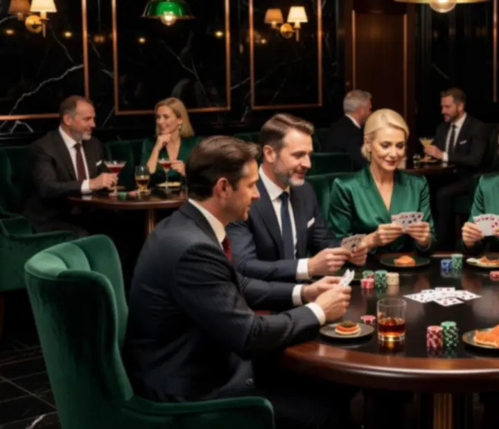 Guests enjoying an offline poker lounge with deep forest tones and copper lighting