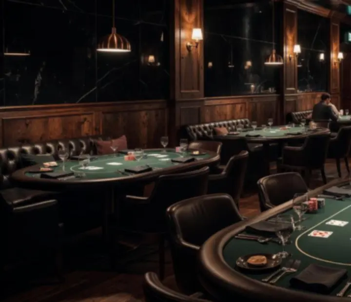 Dimly lit Australian restaurant and poker lounge with poker tables, cards, chips, and copper-lit dining settings.
