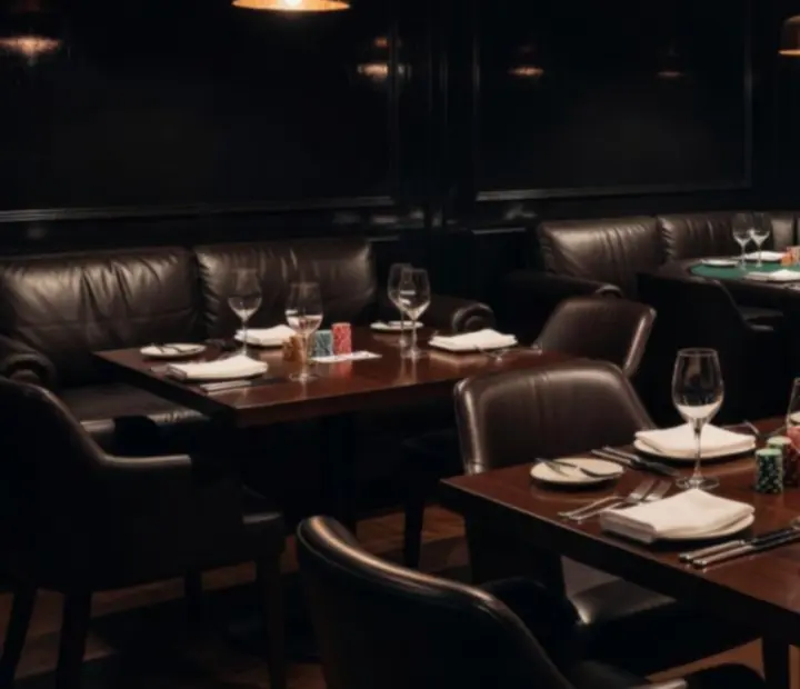 Obsidian-toned Australian restaurant interior with poker tables, smoked glass, and copper-lit lounge seating