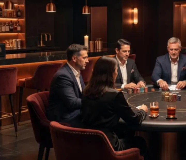 Hosted offline poker night with players seated around a table in a dark copper-lit lounge