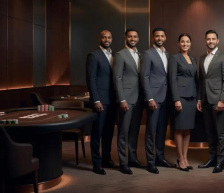 Professional lounge hosts and sommelier team standing in an atmospheric card lounge