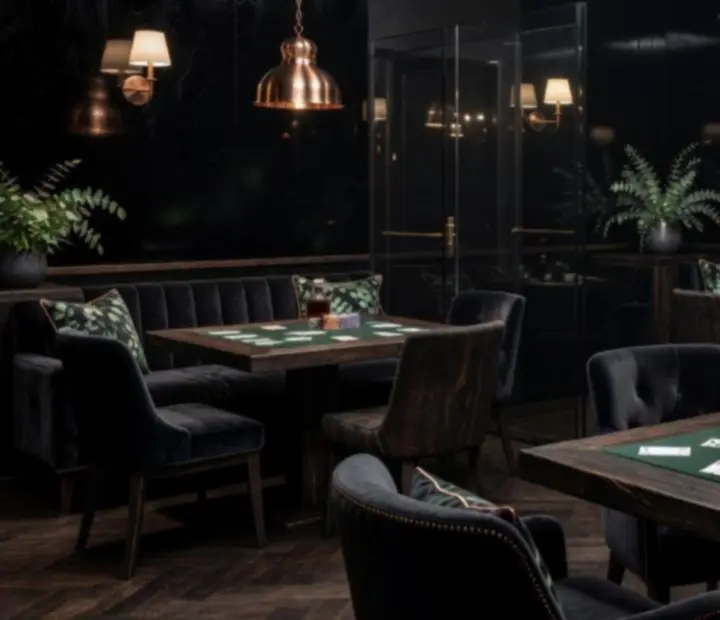 Obsidian Ember lounge interior with poker tables, warm copper lighting and deep forest textures