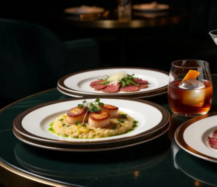 Premium food and drinks served beside cards and chips on a lounge table
