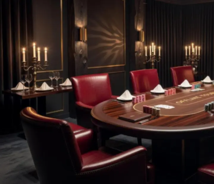 Private poker event in a dark Australian card room with restaurant dining tables and lounge seating