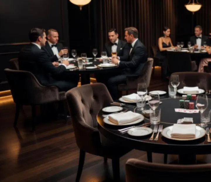 Group enjoying a private card lounge event with dining tables and poker tables in warm copper lighting