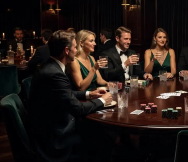 Private poker event in a dark timber card room with guests gathered around poker tables