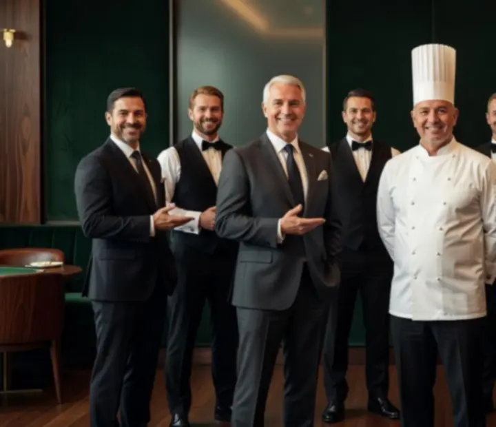 Restaurant chefs and lounge hosts standing together in a dark timber interior.