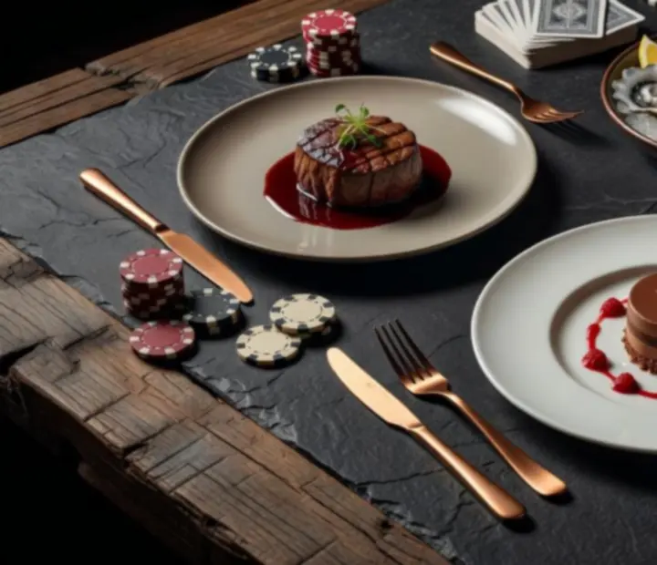 Selection of signature dining dishes plated on dark stone and timber surfaces in a low-lit restaurant setting