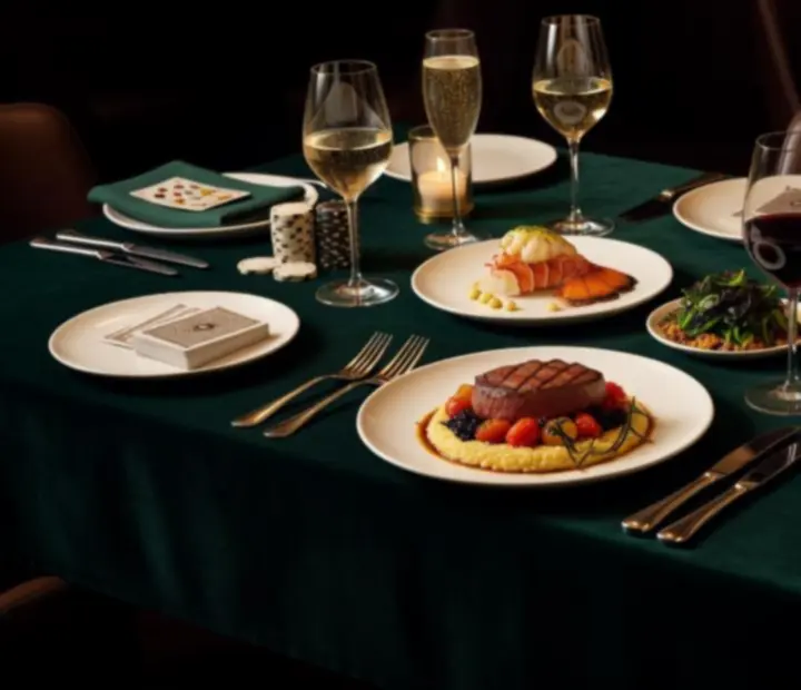 Signature dishes and wine pairings arranged beside a poker table in a dark Australian restaurant lounge.