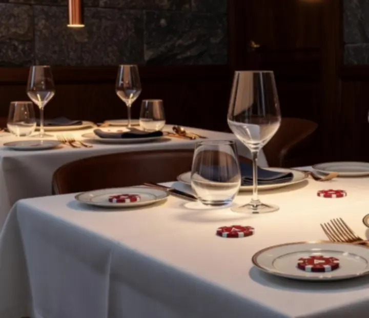 Close-up of a restaurant table setting with copper lighting and dark timber textures.