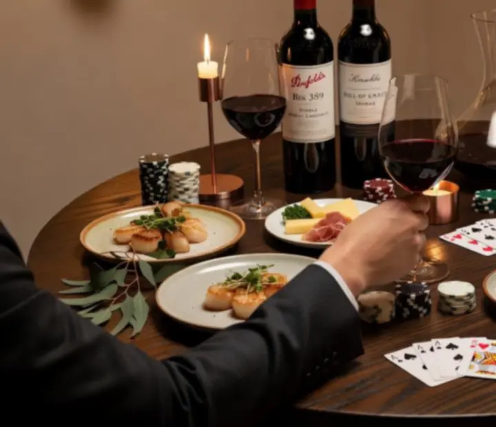Glasses of wine on a dark timber table beside playing cards in a soft-lit lounge
